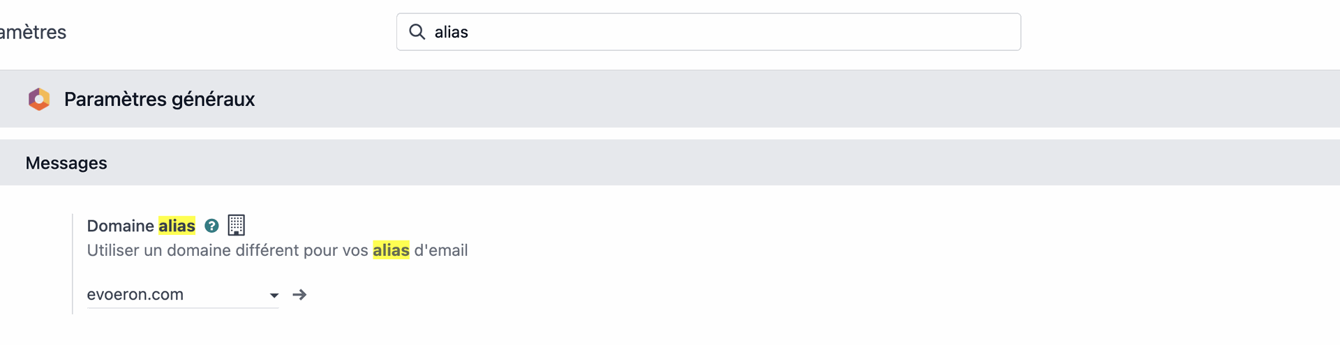 Recherche de la configuration d'alias