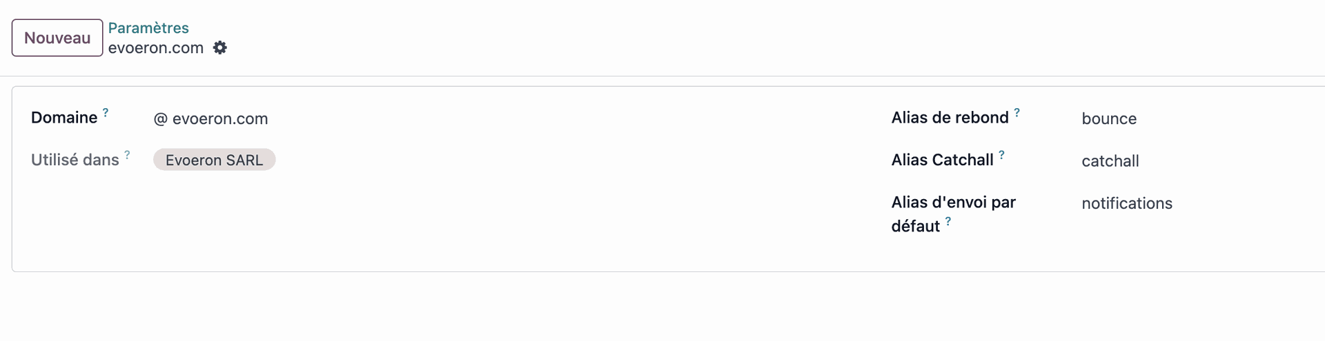 Nouvel enregistrement d'alias Odoo